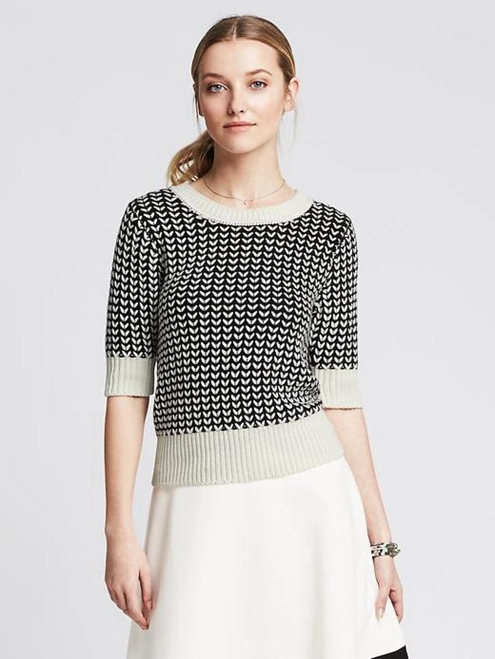 Banana Republic Heart Stitch Sweater Womens Large Black Cream Textured Academia